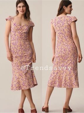 Anthropologie Maeve Cecily Purple Floral Sweetheart Midi Dress L Fit Flare Tulip